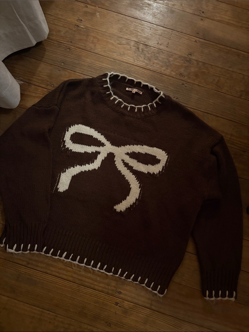 Women's Brown Crewneck Sweater with White Bow Motif